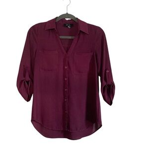 BCX Flowy V-Neck Blouse XS Roll Tab 3/4 Sleeve Workwear Teacher Top Lightweight